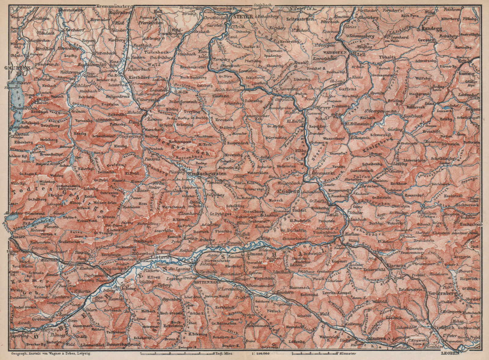 STYRIAN & AUSTRIAN ALPS. ENNSTAL. Bad Aussee Liezen Steyr. Austria 1896 map